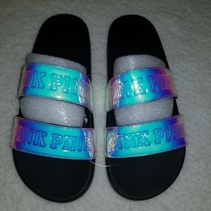 Medium PINK Iridescent Foil Double Strap Slides